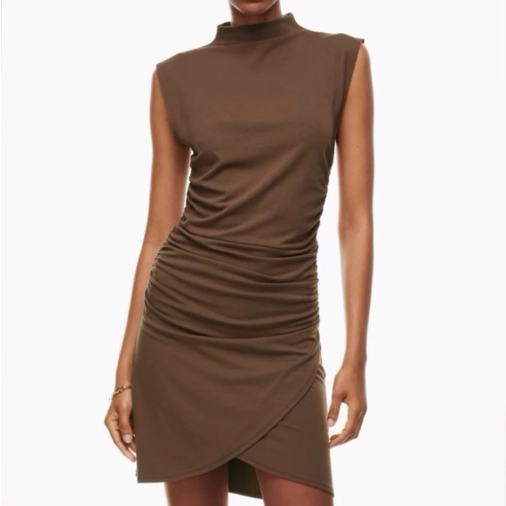Wilfred Aritzia Women L Brown Draped Jersey Mock Neck Boulevard Mini Dress NWOT